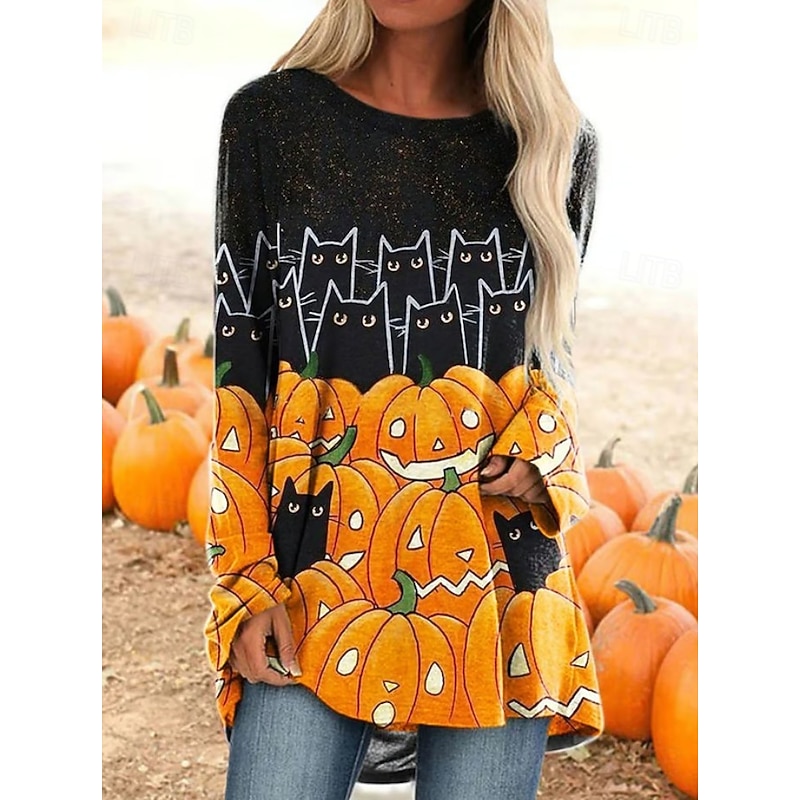 Halloween Women's T shirt Pumpkin Long Sleeve Graphic Vintage Stylish Classic Long Sleeve Crew Neck Round Neck Regular Tops Daily Print Black Orange Spring Fall Prefall