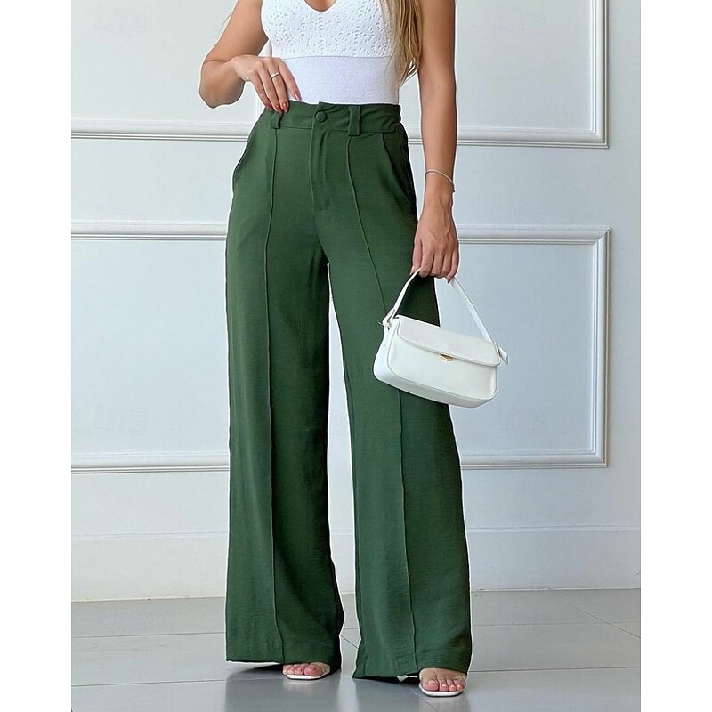 Women's Wide Leg Slacks Streetwear Casual Full Length Natural Plain Pocket Elastic Waist Comfy Street Daily Wear Weekend Black Fuchsia Green Khaki Fall Regular Fit3