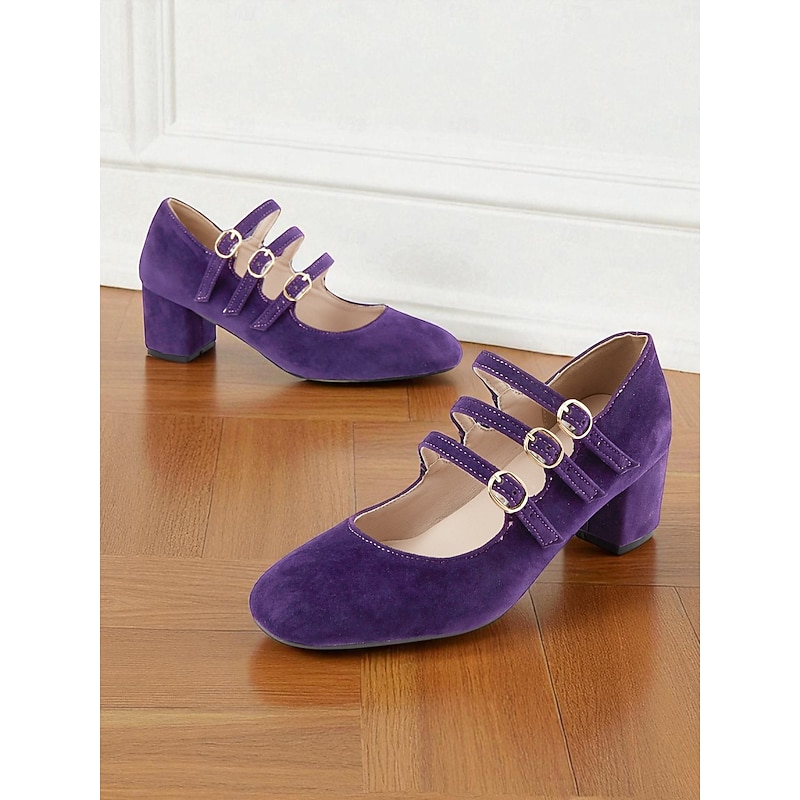 Women's Purple Suede Triple Strap Mary Jane Heels - Retro Chic City Shoes for Casual Outings, Work and Daily Commutes4