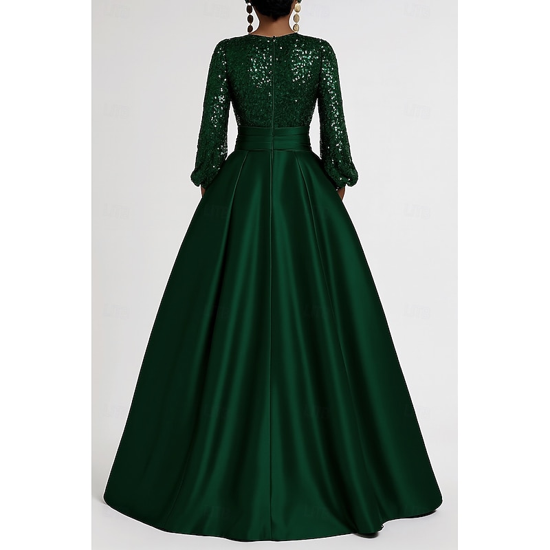 Green Black Sequined A-Line Evening Gown Elegant Dress Formal Wedding Floor Length Long Sleeve V Neck Pocket Satin with Glitter Pleats Pocket 20253
