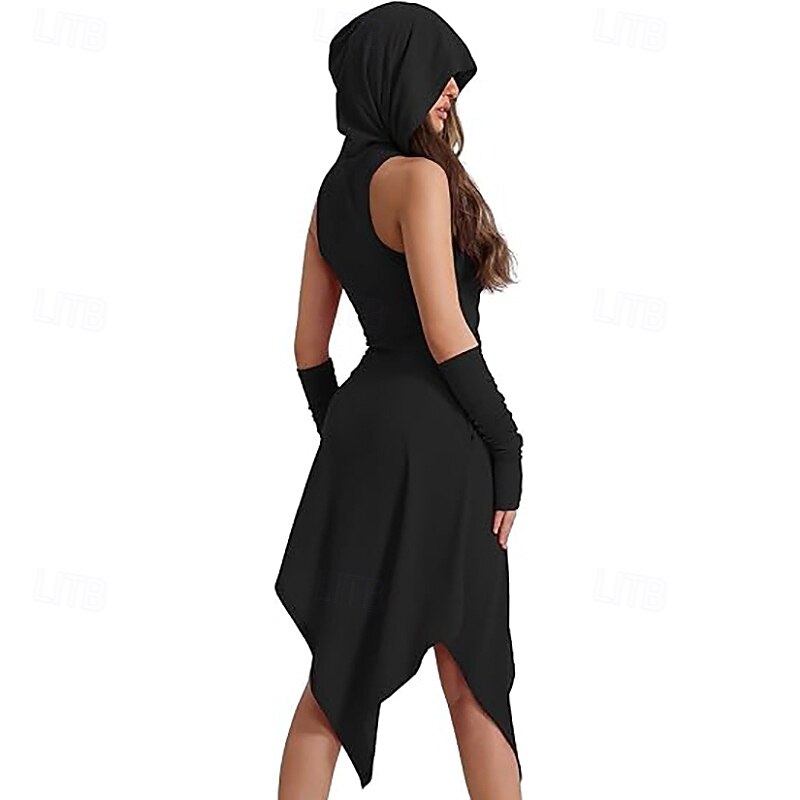 Gothic Dress Hooded Witch Asymmetrical Hem Fancy Dress Women's Fantasy Halloween Carnival Performance Party Adults Dress Gloves3