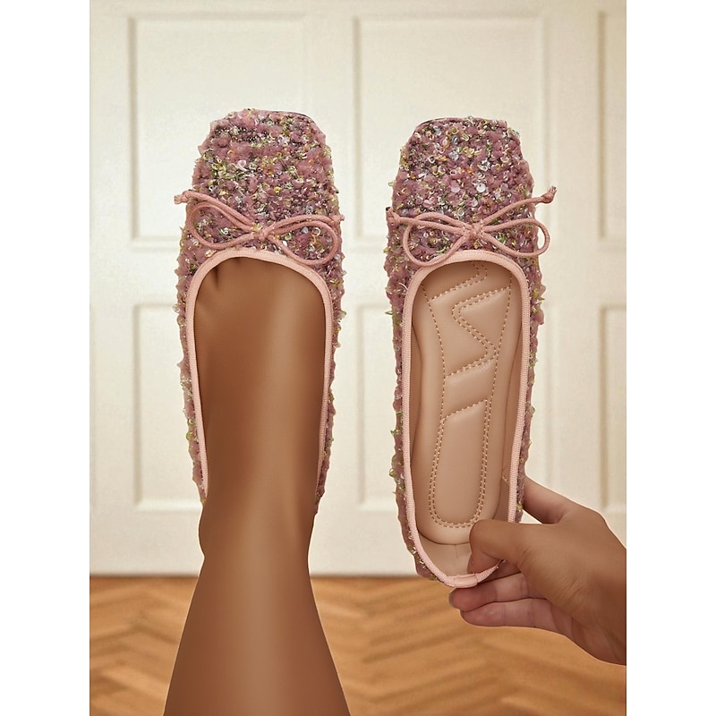 Women's Sequin Tweed Square Toe Ballet Flats with Bow - Retro French Style Slip-On Shoes for Casual, Autumn Outfits and Garden Parties4