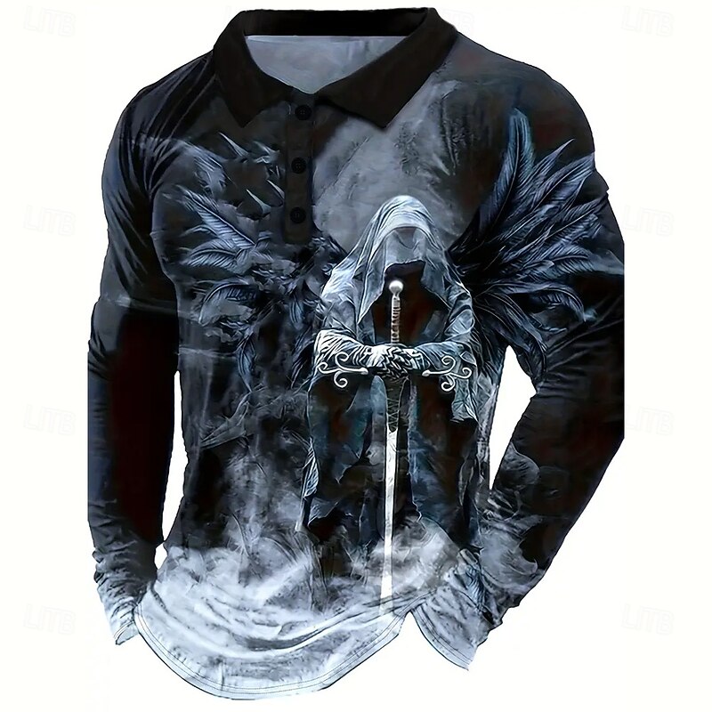 Men's Human Polo Long Sleeve Polo Shirts Lapel Vintage Casual Street Athleisure Daily Wear 3D Print Buttons Spring Fall Winter Black