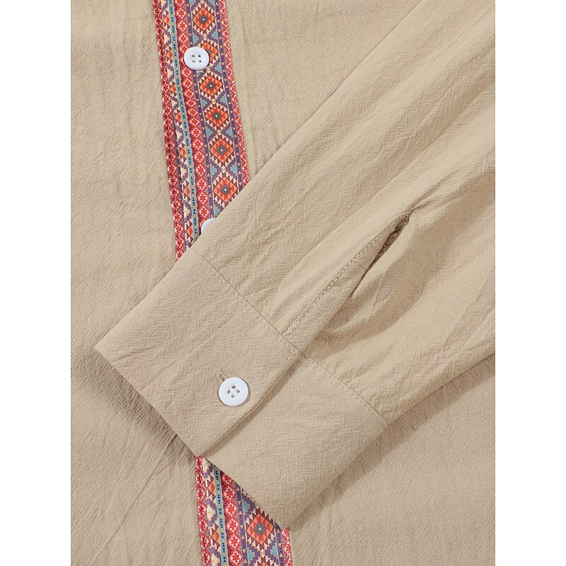 Men's Shirt Linen Shirt Summer Shirt Beach Wear Button Up Shirt Ethnic Shirt Solid Color Vacation Holiday Black White Navy Blue Blue Long Sleeve Lapel Summer Spring Clothing Apparel Patchwork3