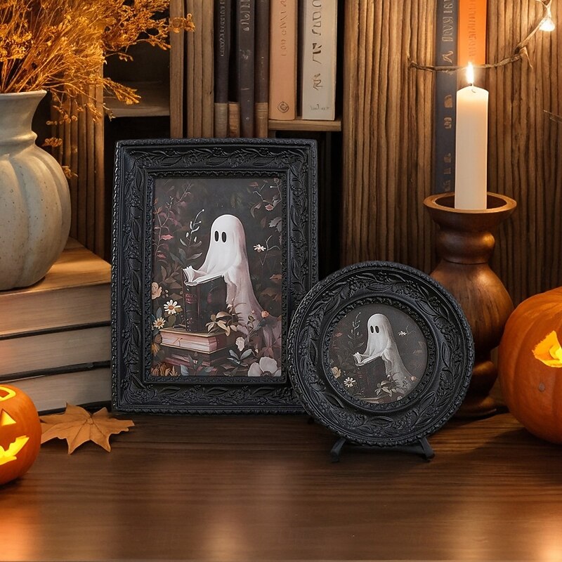 2PCS Halloween Ghost Resin Picture Frames with Ivy Pattern 3D Reading Ghost Design Home Decor for Halloween Party Bedroom Living Room4