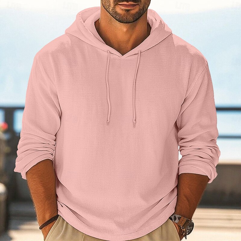 Men's Henley Shirt Tee Linen T-Shirt Long Sleeve Hooded Summer Spring All Seasons Solid Color Plain Fashion Designer Casual Color Block Buttons Outdoor Casual Daily White Pink Burgundy Top Tee for Men2