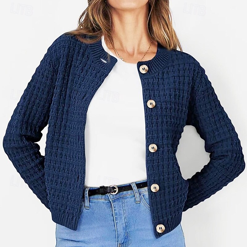 Women's Cardigan Daily Stylish Basic Crochet Crew Neck Buttons Knitted Long Sleeve Regular Tops Knit Outdoor Daily Black Navy Blue Fall Winter