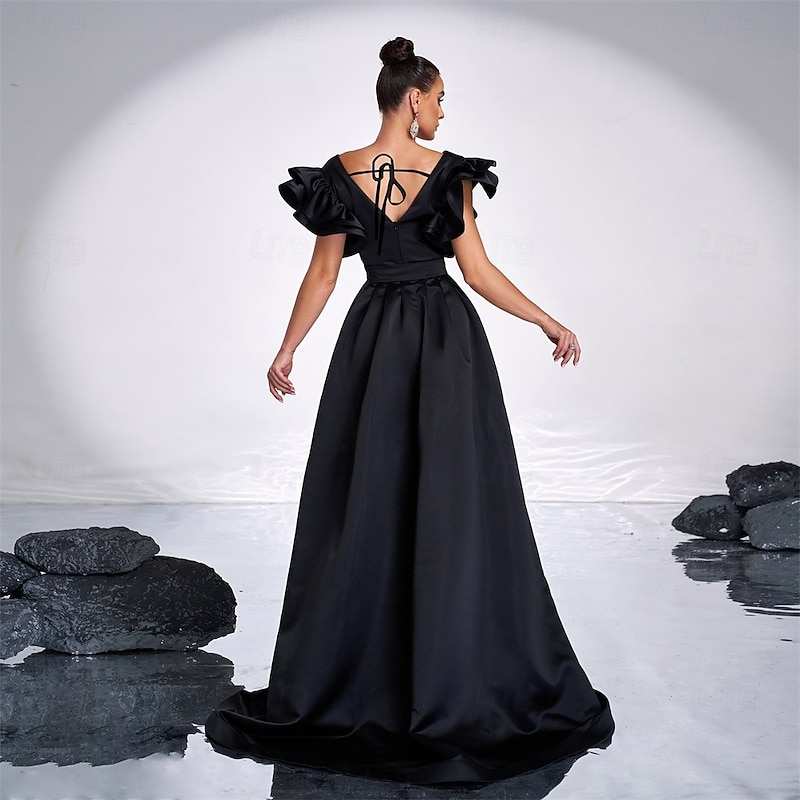 A-Line Evening Dresses Elegant Dress Formal Wedding Sweep / Brush Train Sleeveless V Neck Sequin Floral with Ruffles2