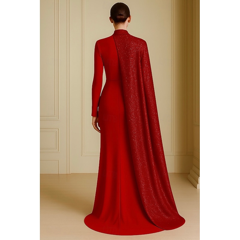 Black Tie A-Line Cape Dress Evening Gown Elegant Dress Stretch Crepe Formal Wedding Sweep / Brush Train Long Sleeve High Neck Sequined with Pleats 20252