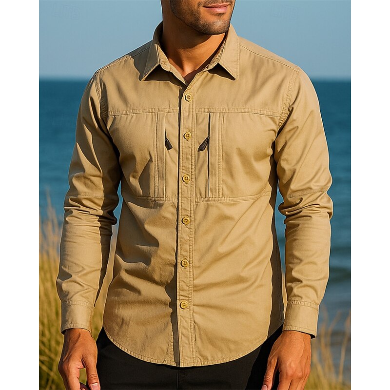 Men's Hiking Shirt Waterproof Shirt Long Sleeve Turndown Shirt Top Outdoor Lightweight Breathable Cotton Black Army Green Khaki Hunting Fishing Camping / Hiking / Caving