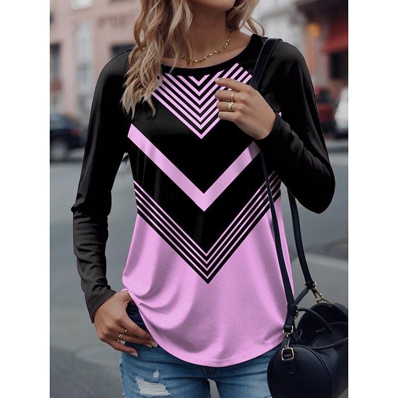 Women's T Shirt Graphic Geometric Stylish Casual Long Sleeve Crew Neck Regular Tops Daily Weekend Print White Pink Blue Purple Green Spring Fall Winter4