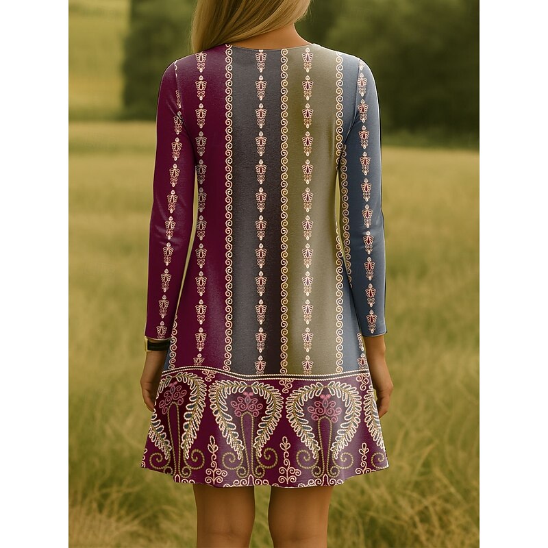 Women's Knee Length Dress Knit Dress Casual Dress T Shirt Dress Tee Dress Sundress Casual Regular Fit Graphic Paisley Long Sleeve Crew Neck Pink Blue Purple Brown Spring Fall Winter2