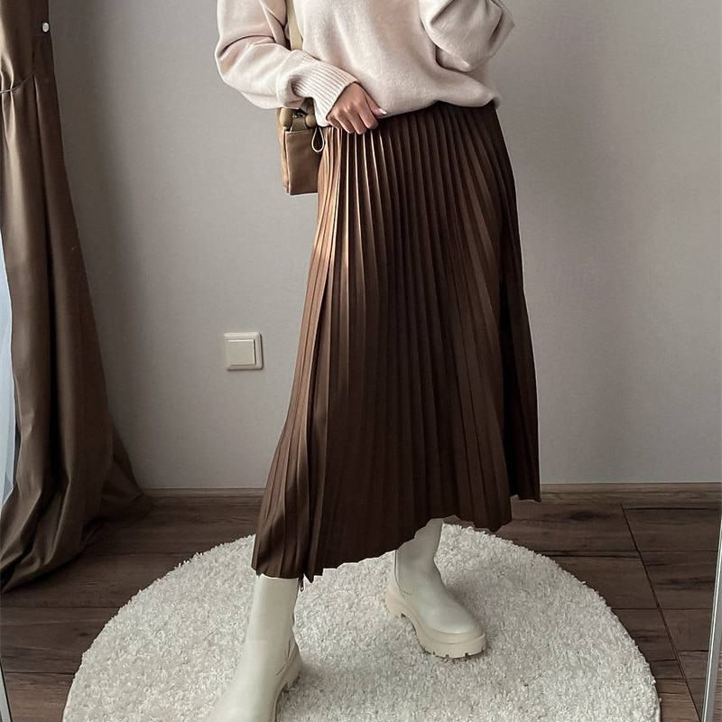 Women's Skirt Swing Fashion Casual Maxi Mid Rise Skirts Plain Pleated Micro-elastic Vacation Street Black Ivory Light Green Pink Spring Polyester2