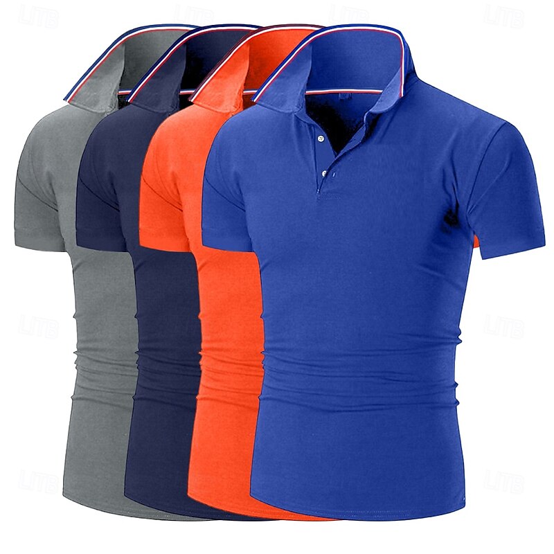 4pcs Men's Golf Shirt Pique Polo Shirt Business Casual Ribbed Polo Collar Short Sleeve Fashion Basic Solid Color Buttons 4-Piece Summer Spring & Fall All Seasons Slim Fit Blue black Gplf Polo3