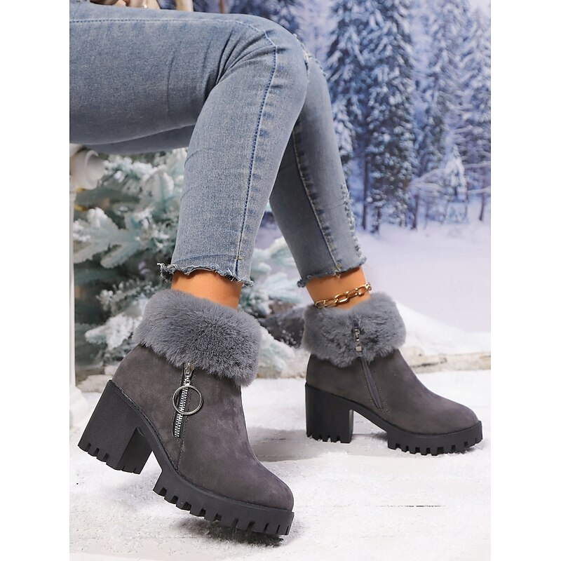 Women's Grey Fur Lined Suede Ankle Boots – Warm Chunky Heel Lug Sole Winter Booties with Side Zipper for Cold Weather3