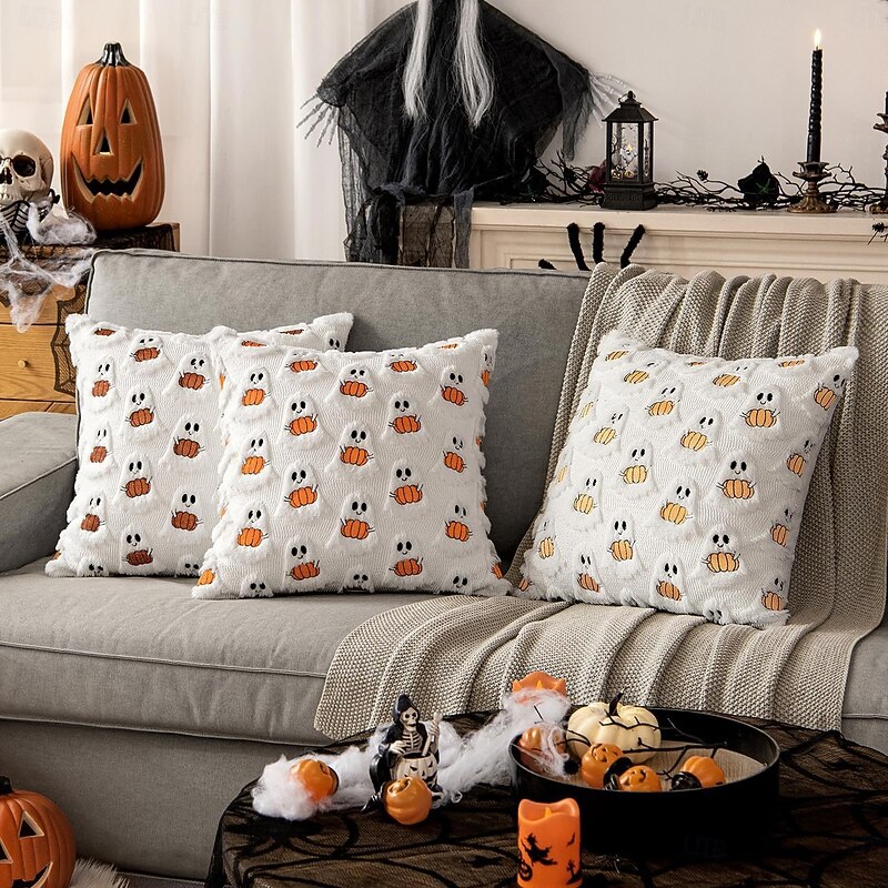 Halloween Plush Pillow Cover with Pumpkin and Ghost Embroidery, Decorative Cushion Case for Sofa, Bedroom, and Holiday Home Decor2