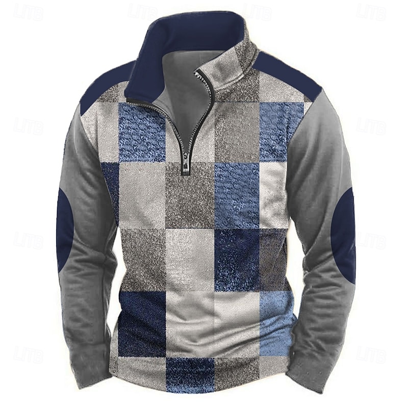 Men's Geometric Plaid Sweatshirt Casual Vintage Retro Long Sleeve High Neck Outdoor Streetwear Red Blue Zipper Quarter Zip Fall Winter Designer