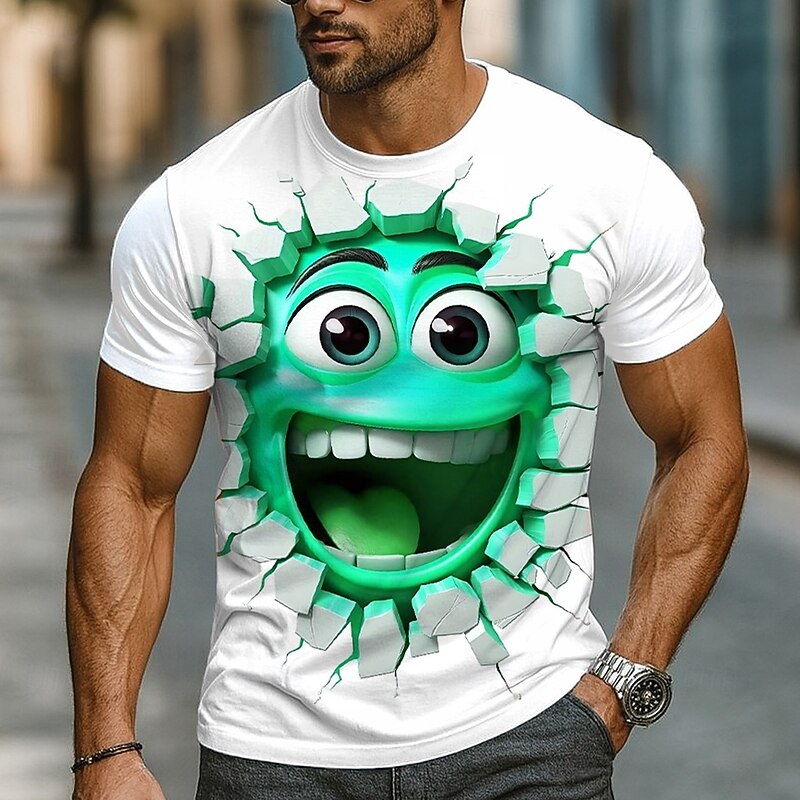Men's Optical Illusion 3D Funny Emotes T Shirt Short Sleeve T shirt 3D Print Crew Neck Shirt Exaggerated Designer Party Daily Holiday Yellow Purple Green Summer Spring All Seasons Clothing Apparel S