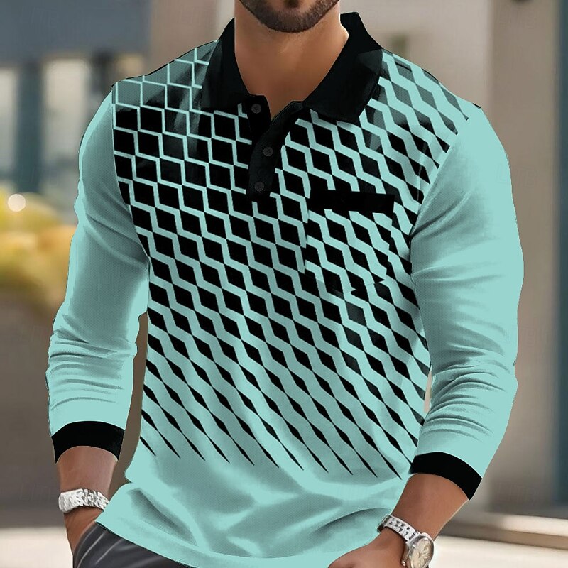 Men's Geometric Polo Long Sleeve Polo Shirts Lapel Business Casual Athleisure Daily Wear Pocket 3D Print Buttons Spring Fall White Blue Green3