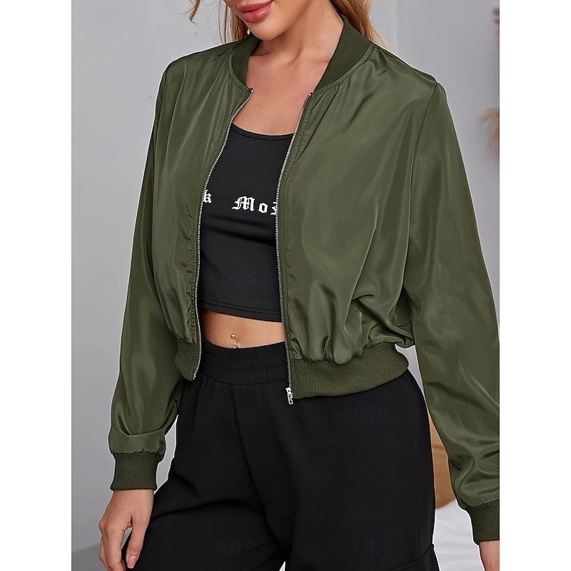 Women's Bomber Jacket Comfortable Breathable Zipper Casual Plain Vacation Street Casual Daily Wear Zipper Short Stand Collar Regular Fit Long Sleeve Outerwear Black Red Army Green Spring Fall