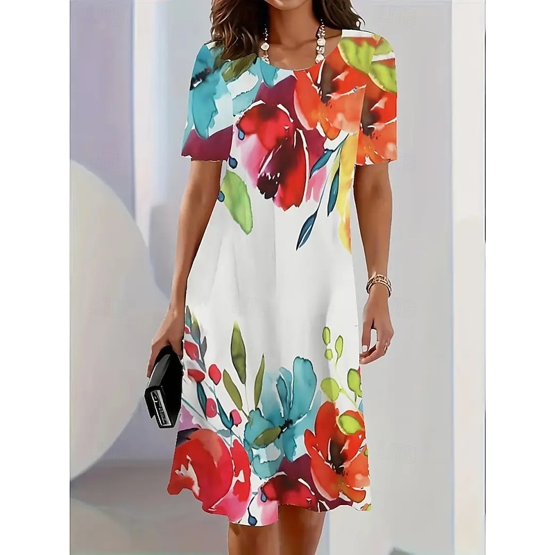 Women's Elegant Midi Dress T Shirt Dress Tee Dress Shift Dress Party Evening Casual Formal Daily Regular Fit Floral Abstract Short Sleeve Crew Neck Red Blue Green Spring3