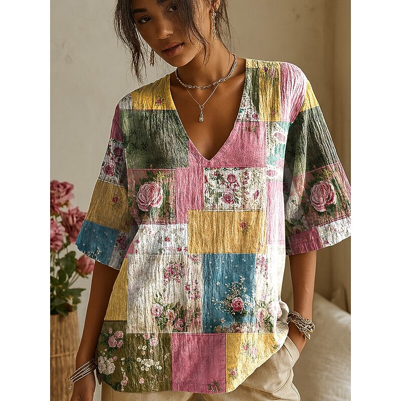 Women's 3D Print Boho T-shirt Graphic Plants Elegant Bohemia Vintage Half Sleeve V Neck Regular Tops Daily Going out Weekend Black Yellow Pink Purple Rose Pink Summer Spring3
