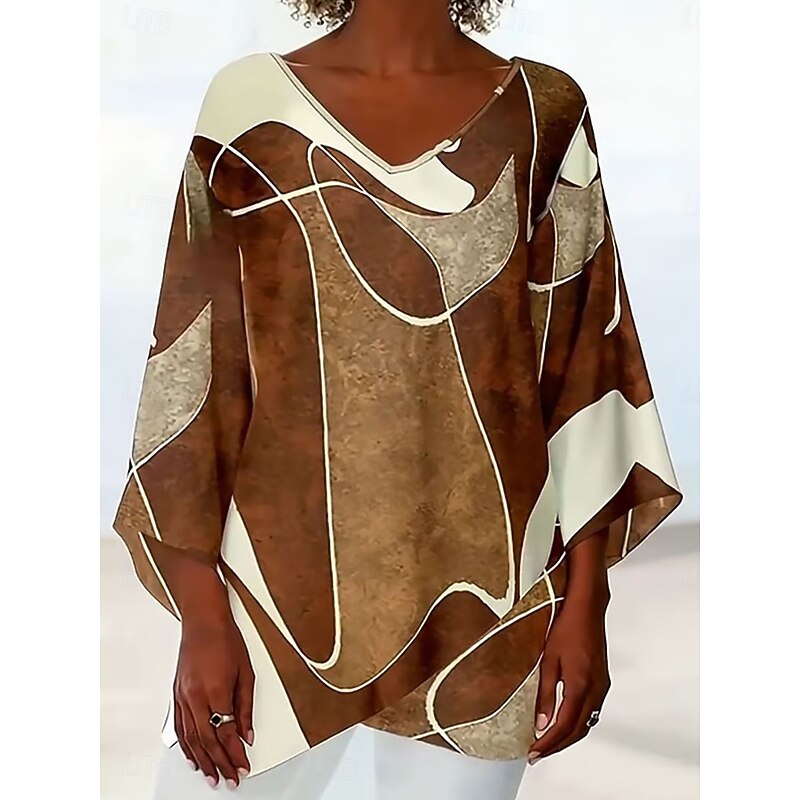Women's Blouse Graphic Geometric Abstract Hawaiian Stylish Casual Long Sleeve V Neck Regular Tops Daily Holiday Going out Print Khaki Summer Spring Fall3