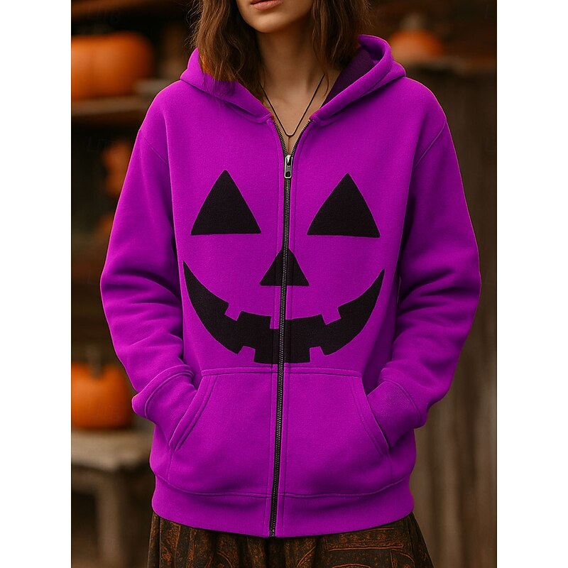 Halloween Women's Zip Up Hoodies Pumpkin Graphic Fashion Casual Long Sleeve Hooded Regular Tops Street Dailywear Casual Zipper Pocket Print Blue Purple Orange Green Spring Fall4