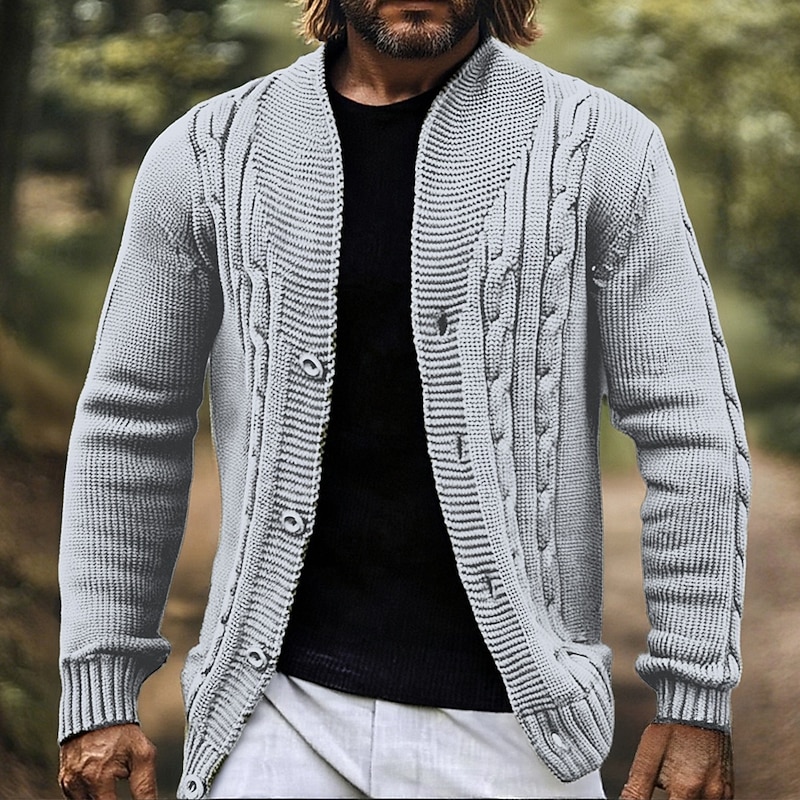 Men's Cardigan Sweater Cropped  Sweater Knit Sweater Cardigan Jacket Ribbed Cropped Knitted Knit Regular Tops Knitting Cable Solid / Plain Color Stand Collar Fashion Classic Vacation Daily Wear