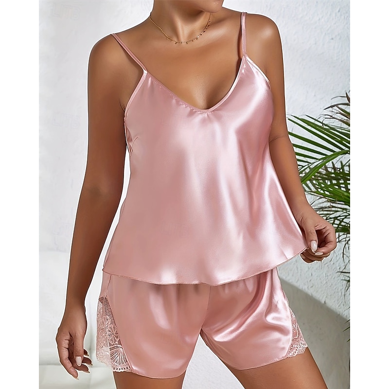 Women's Pajamas Fashion Comfort Pure Color Lace Patchwork Backless Home Bed Sleeveless Straps Light Pink Black White Champagne Red Summer2