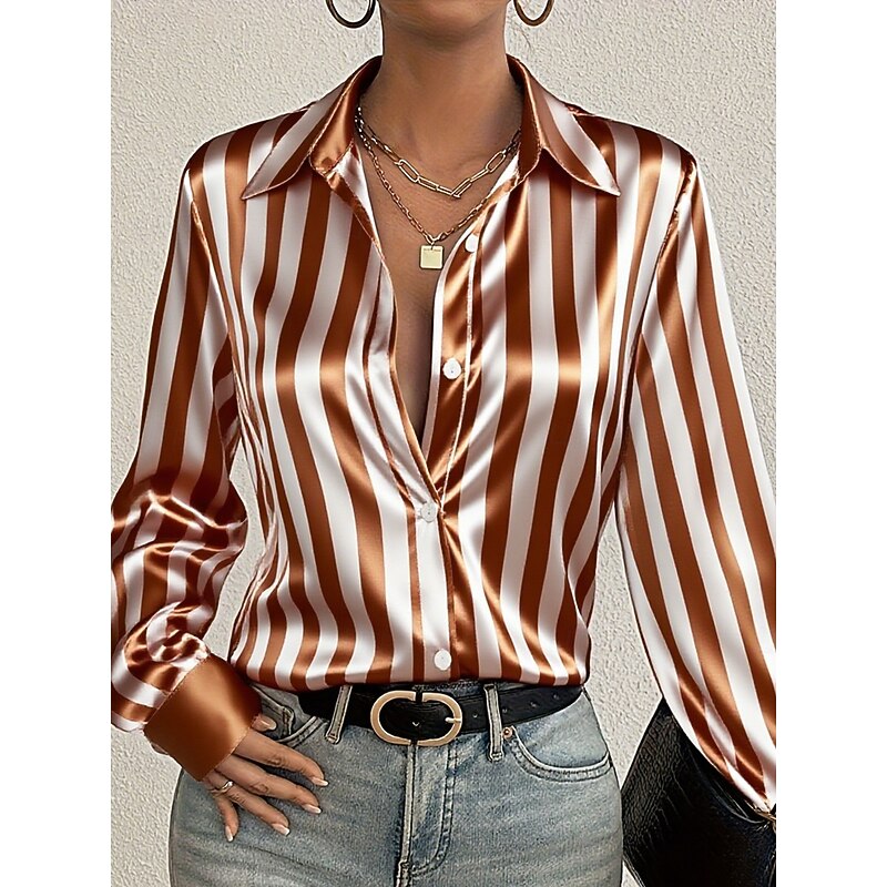Women's Shirt Dressy Tops Formal Work Shirt Graphic Striped Elegant Stylish Casual Long Sleeve Collar Regular Tops Work Daily Black Red Brown Spring Fall Winter2