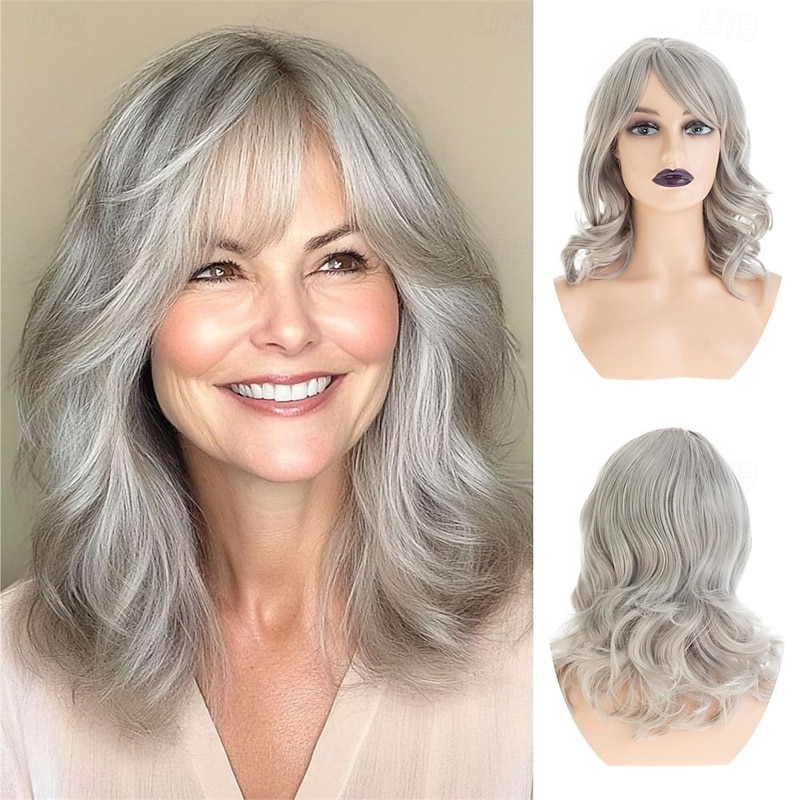 Short Grey Bob Wig for White Women Shoudler Length Natural Wavy Bob Wig Heat Resistant Synthetic Hair Wig for Daily Party