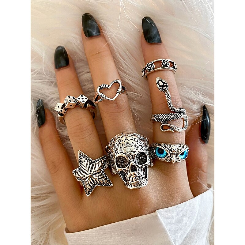 Women's Halloween Gothic Ring Set – Vintage Silver Skull Snake Star Dice Adjustable Rings for Party, Cosplay and Nightlife