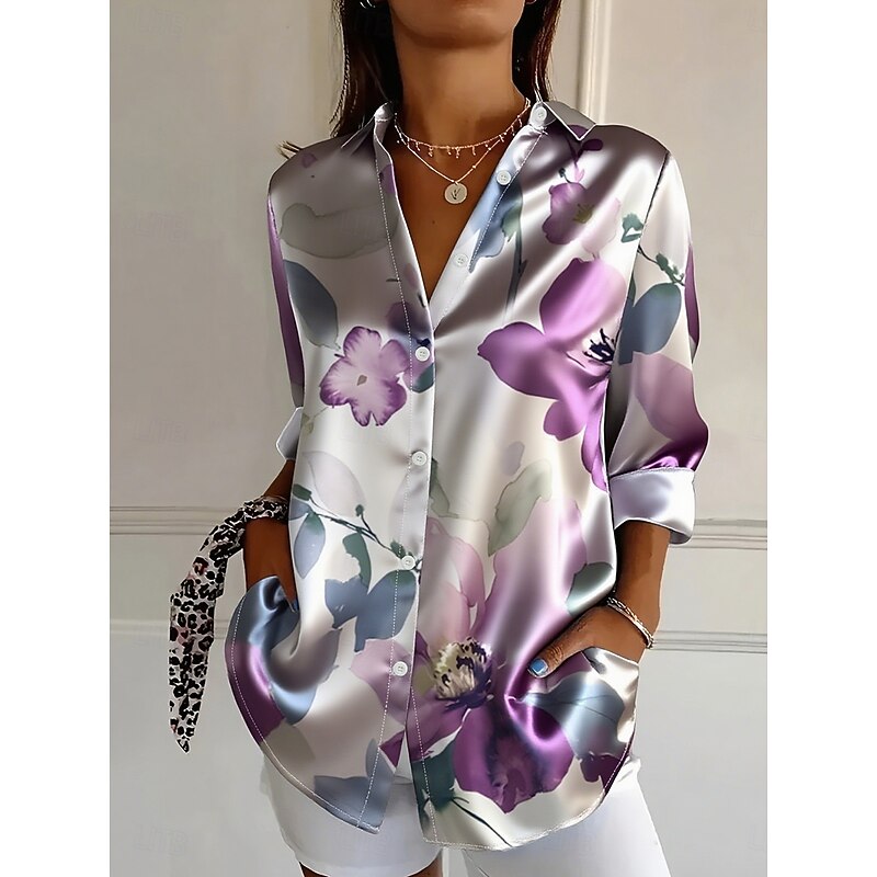 Women's Shirt Dressy Tops Formal Work Shirt Floral Graphic Elegant Stylish Casual Long Sleeve Collar Regular Tops Work Daily Red Blue Purple Green Spring Fall Winter