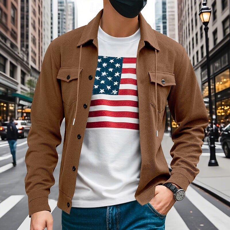 Men's Lightweight Jacket Corduroy Jacket Cargo Jacket Casual Jacket Vacation Daily Warm Pocket Fall Winter Plain Fashion Classic Lapel Regular Black Brown Light Grey Army Green Apricot Jacket4