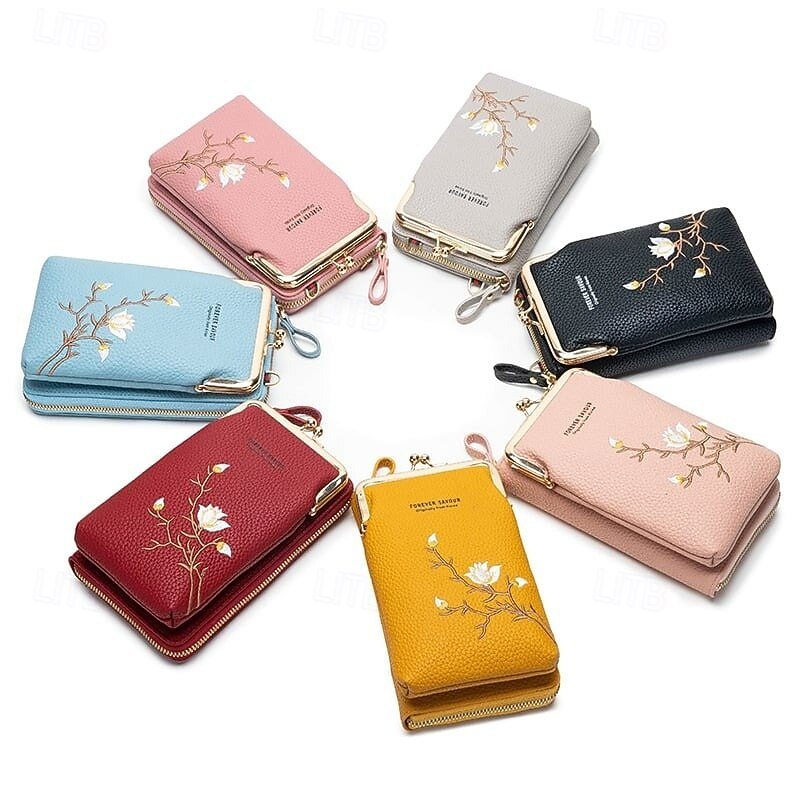 Women Sling Cross-Body Wallet with Mobile Cell Phone Holder Stylish Embroidered Mini Shoulder Bag Multifunctional Ladies Purse Casual Fashion Small Crossbody Handbag for Daily Use