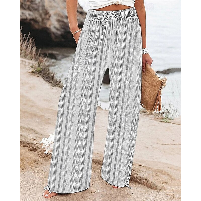 Women's Wide Leg Pants Trousers Palazzo Pants Fashion Boho Full Length High Waist Plaid Drawstring Elastic Waist Print Breathability Comfortable Street Daily Wear Going out White Spring Fall Regular