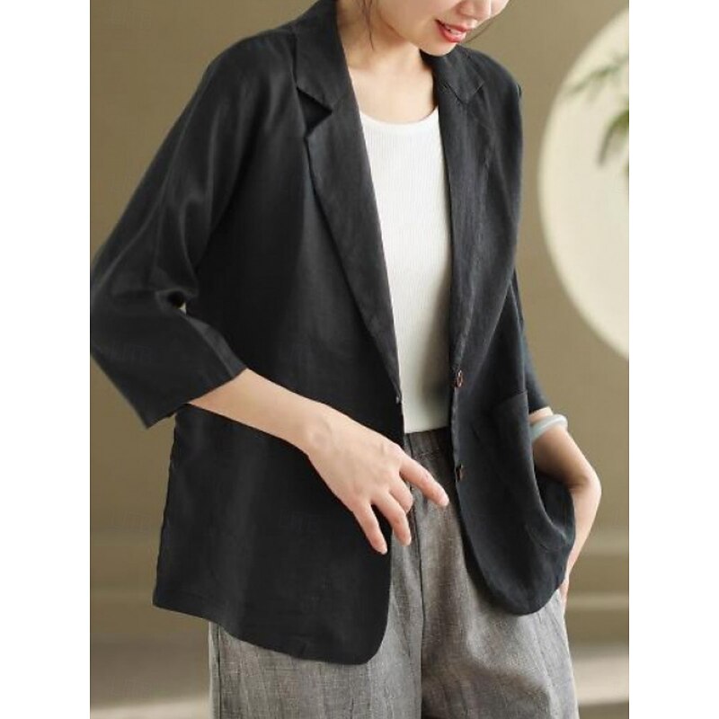 Women's Blazer Comfortable Breathable Pocket Vintage Casual Plain Office Street Casual Daily Wear Single Breasted Regular Turndown Regular Fit 3/4 Length Sleeve Outerwear Black White Khaki Summer Fall3