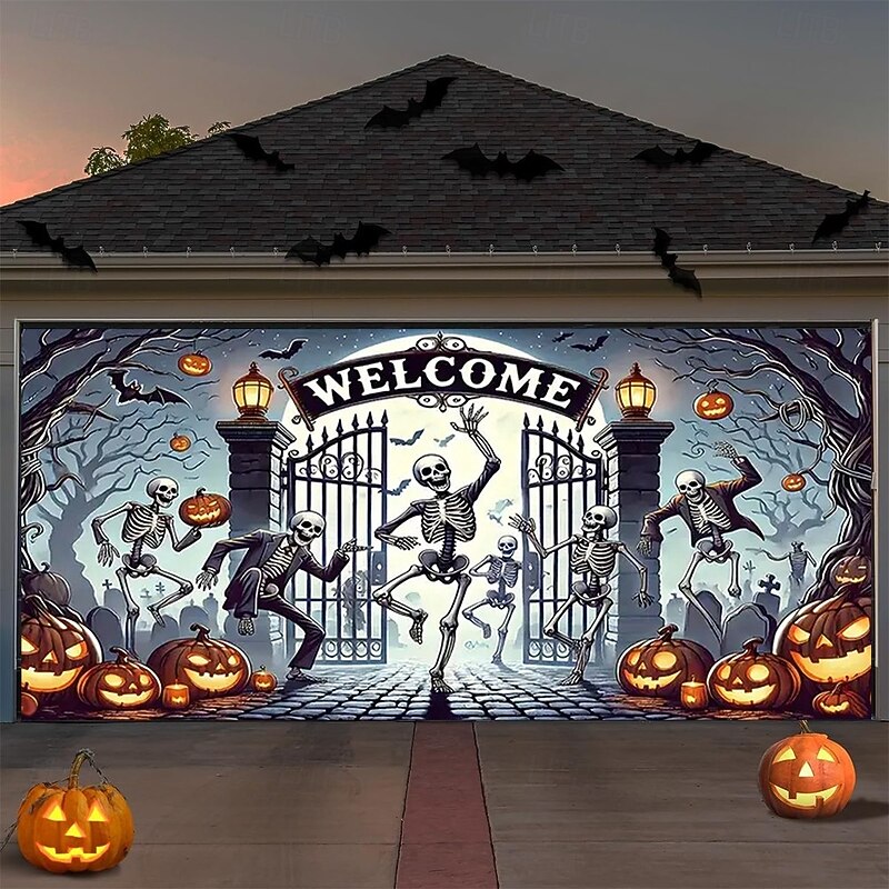 Halloween Garage Door Banner Decoration, Spooky Skeleton Dance with Pumpkins, Bats and Full Moon,  Large Outdoor Yard Banner for 2025 Halloween Party, Photo backdrop and Holiday Deco3