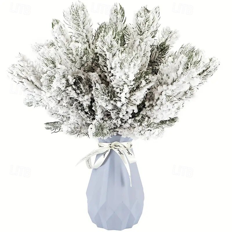 12/24pcs Christmas Snow Frosted Pine Needles – Realistic Iced Pine Branches with Snow Tips for Tree, Wreath, and Winter Centerpiece Decorations – Durable Plastic Evergreen Sprigs for Indoor/Outdoor Holiday Decor3