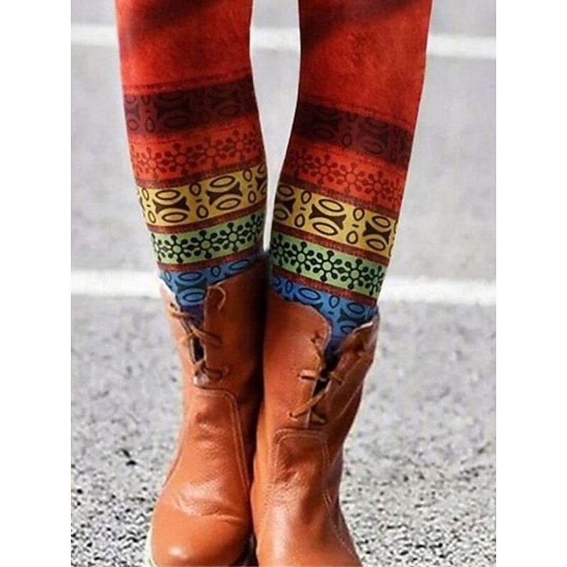 Women's Pants Trousers Leggings Cozy Leggings Vacation Vintage Full Length High Waist Geometric Color Block Elastic Waist Print Breathability Comfortable Stretchy Vacation Street Daily Wear Fuchsia2