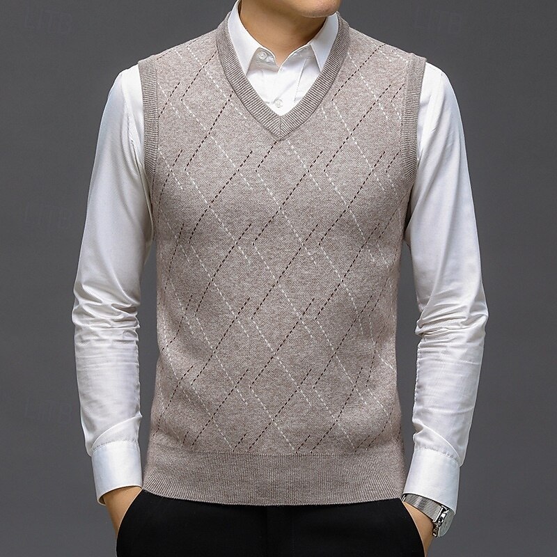 Men's Sweater Sweater Vest Pullover Sweater Jumper Ribbed Knit Regular Tops Knitted Slim Fit Geometric V Neck Knitwear Contemporary Casual Daily Wear Clothing Apparel Winter Spring &  Fall Camel Dark2