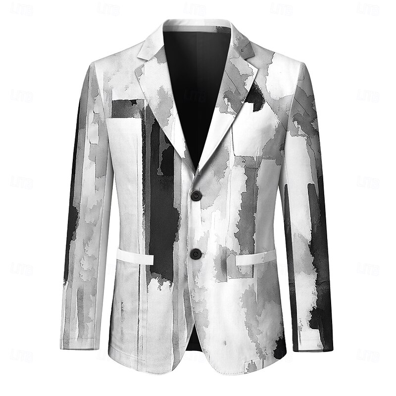 Men's Blazer Jacket Formal Casual Stylish Casual Daily All Seasons 100% Polyester Weaving Color Block 3D Print Buttons Comfortable Single Breasted Blazer Blue Green Grey3