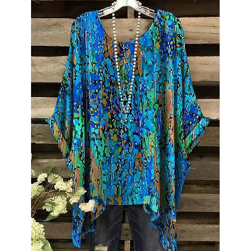 Women's Blouse Graphic Geometric Vintage Daily Casual Half Sleeve Batwing Sleeve Crew Neck Long Tops Daily Holiday Beach Wear Asymmetric Black Yellow Blue Rainbow Summer Spring3