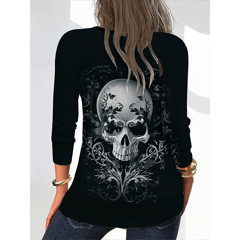 Halloween Women's T Shirt Skulls Graphic Vintage Stylish Classic Long Sleeve V Neck Regular Tops Daily Tassel Tie Print Black Fall Winter2