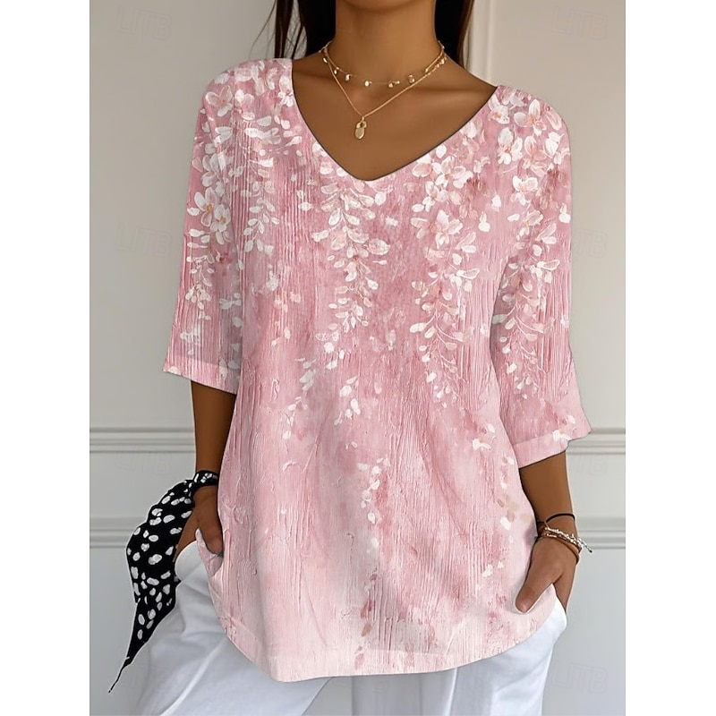 Women's Blouse Floral Graphic Vintage Tropical Stylish 3/4 Length Sleeve V Neck Regular Tops Daily Pink Dusty Rose Purple Summer Spring Fall