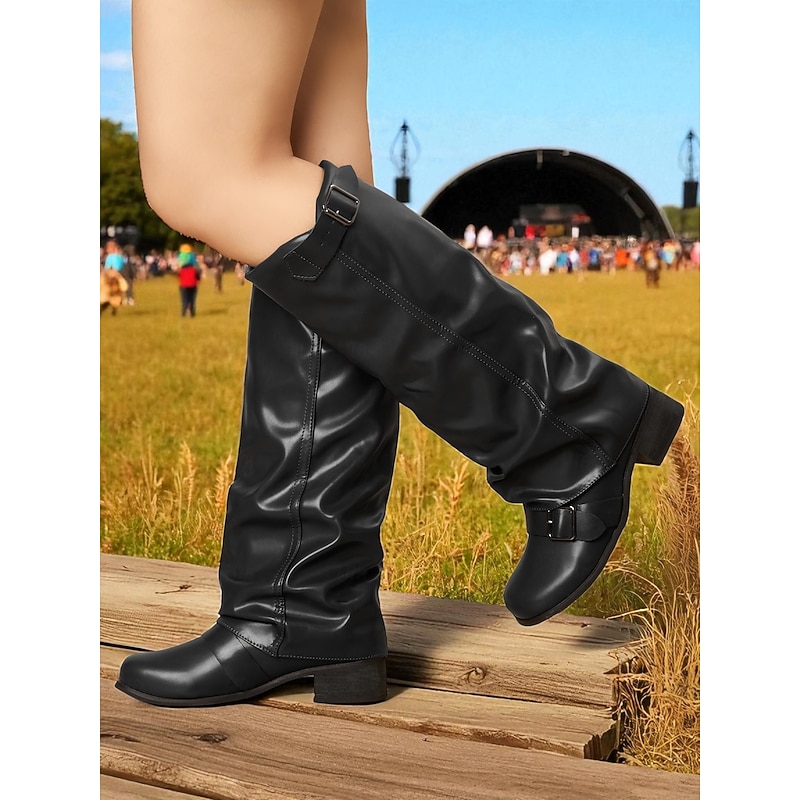 Women's Brown Knee-High Riding Boots - Faux Leather Slouchy Equestrian Style with Buckle Straps and Low Block Heel, Casual Fall Winter Footwear for Outdoor Events, Festivals and Everyday Wear