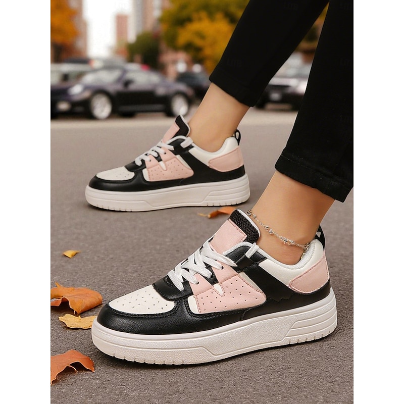 Women's Pink and Black Colorblock Lace-Up Sneakers - Comfortable Faux Leather Platform Walking Shoes for Casual Outfits, Street Style and Autumn Travel2