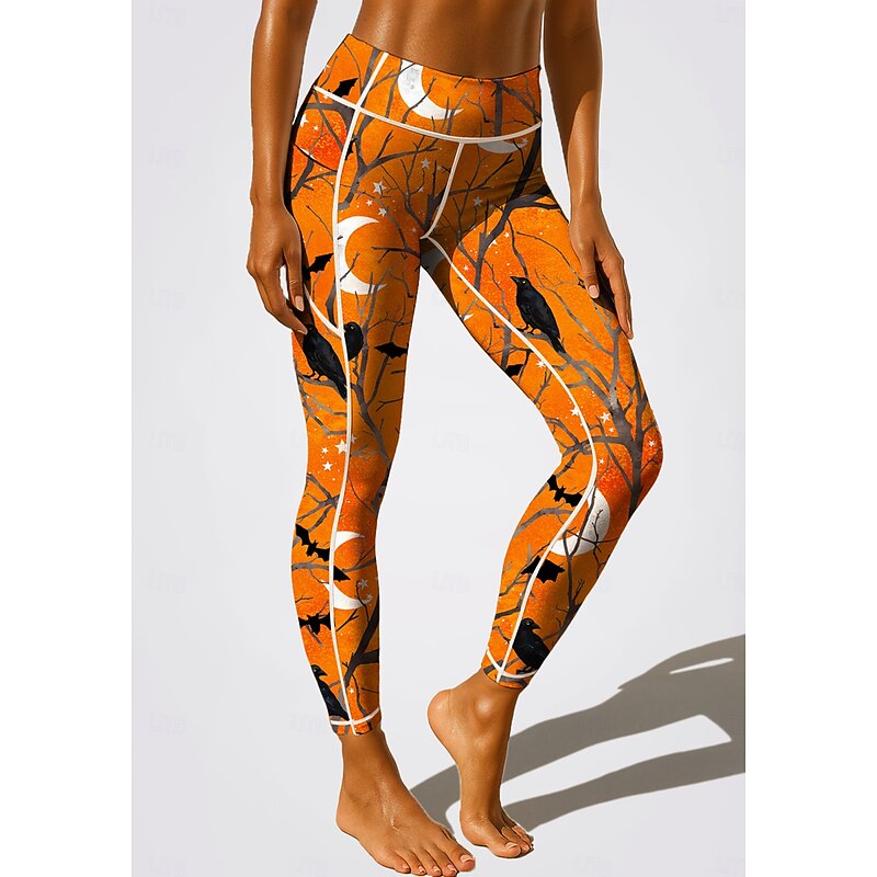 Women's pilates leggings fitness pants Gym Leggings Pockets Stamp Duty Side Pockets Pilates Gym Gym Workout Pants Tights Leggings Graphic Moon Halloween Amethyst Orange Sports Activewear Stretchy2