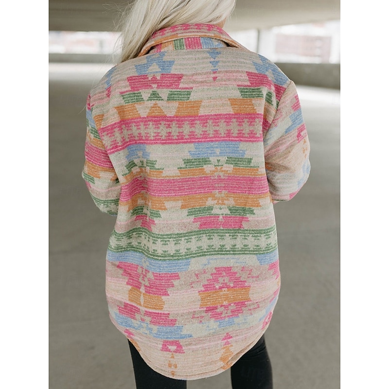 Women's Casual Jacket Comfortable Breathable Pocket Buttons Print Fashion Casual Geometric Vacation Street Casual Daily Wear Single Breasted Regular Turndown Regular Fit Long Sleeve Outerwear Pink4